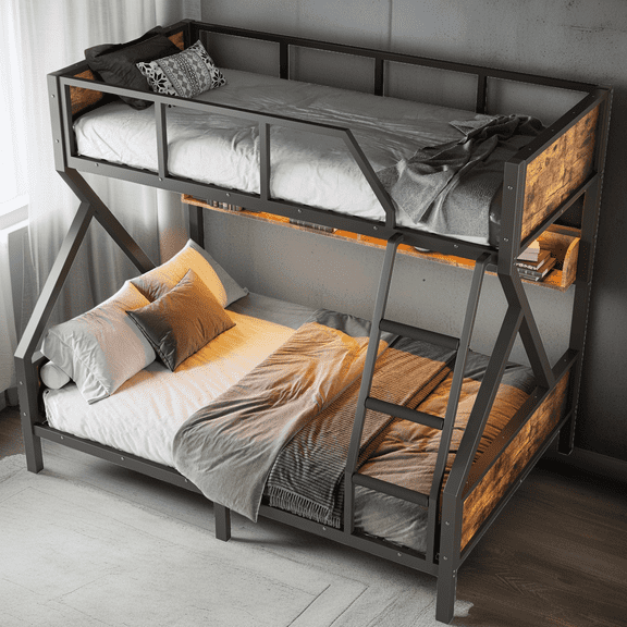 Twin over Full Bunk Bed, Metal Bunk Bed with Storage Shelves and LED Lights, Space-Saving, Noise-Free Design for Teens, Adults, Black