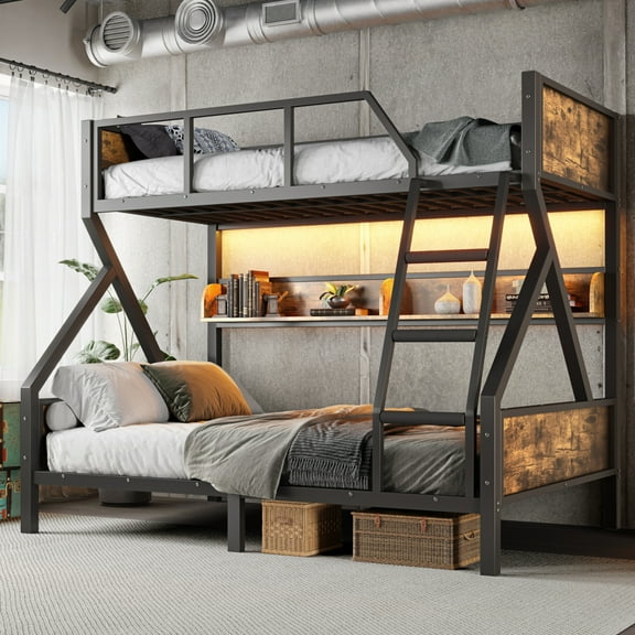 Twin over Full Bunk Bed, Metal Bunk Bed with Storage Shelves and Lights, Space-saving & Noise-free Design, Woodgrain