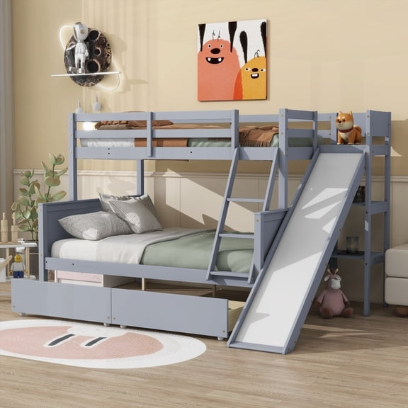 Twin Size Rubber Wood High-Rise Bed Frame with 2 Drawers, Slide & Shelves, Grey, for Bedroom