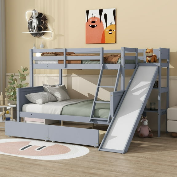 Twin over Full Bunk Bed with 2 Drawers, Slide, Shelves, Ladder, Rubber Wood Bunk Bed with Slide, Drawers,Grey(Old Sku:W504S00061)
