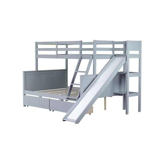 Twin over Full Bunk Bed with 2 Drawers, Slide, Shelves & Ladder, Rubber Wood, Grey