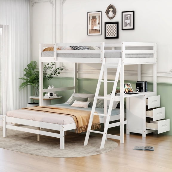Twin over Full Bunk Bed with Desk & Drawers (White), Solid Pine & MDF, 2 Beds in One