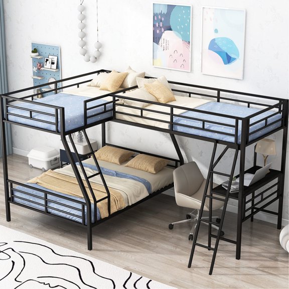 Twin over Full Bunk Bed with Desk and Loft, Black Metal Frame / Creates a Cozy Sleeping Area