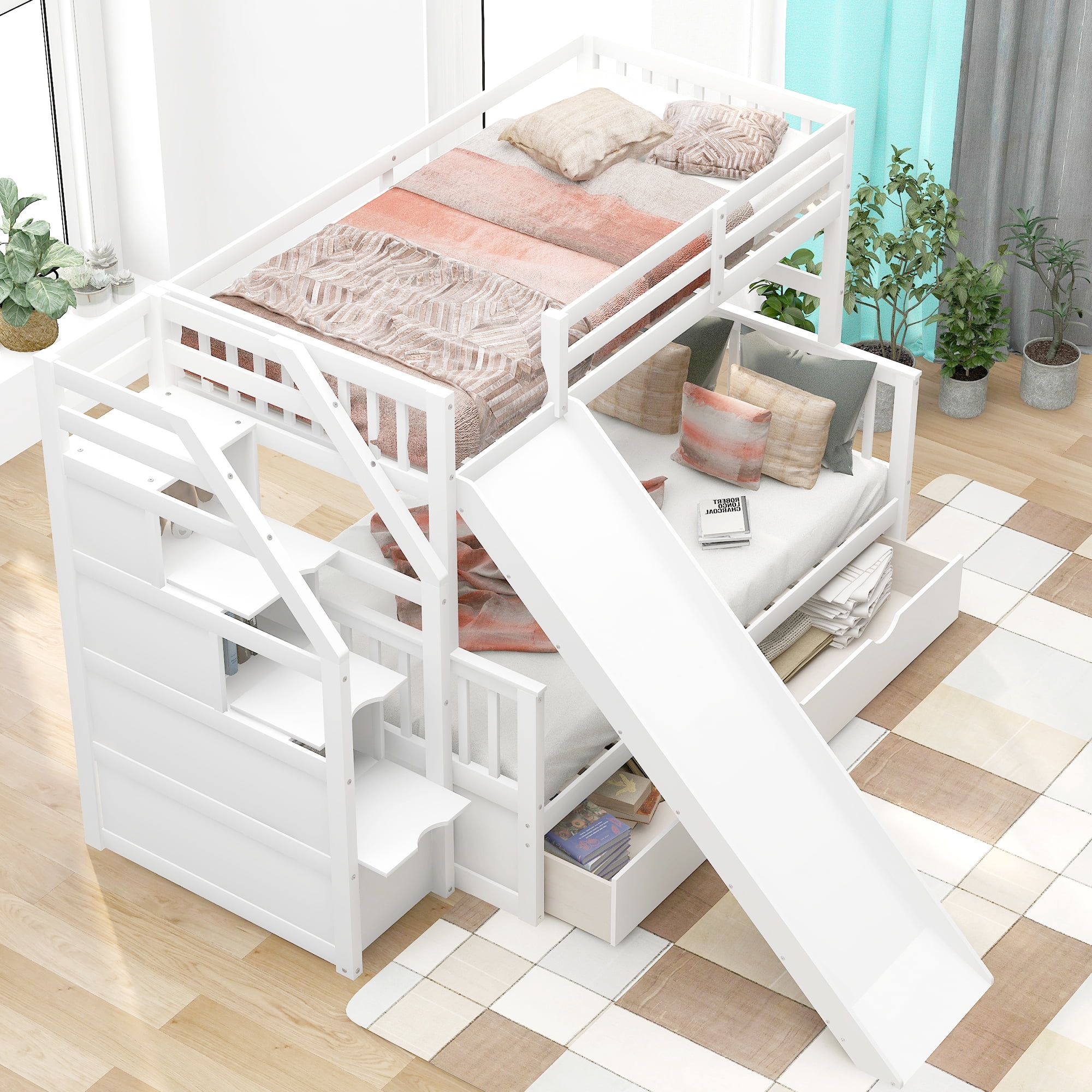 Twin over Full Bunk Bed with Drawers and Storage Staircase, Solid Wood ...