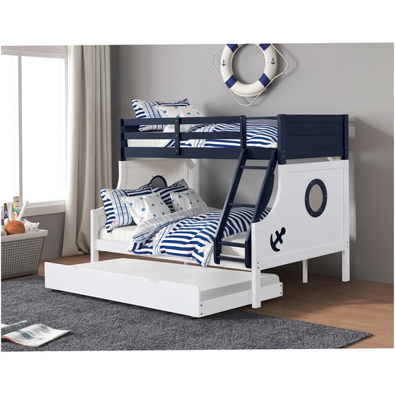 Twin over Full Bunk Bed with Ladder, Modern Wood Frame, Blue White Finish for Space Saving Bedroom