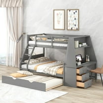 Twin over Full Bunk Bed with Ladder, Trundle and Built-in Desk, Wooden Loft Bed with Three Storage Drawers and Shelf, Gray