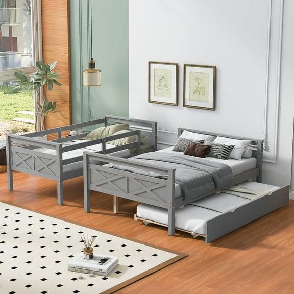 Twin over Full Bunk Bed with Ladder, Twin Size Trundle, Safety Guardrail, Gray