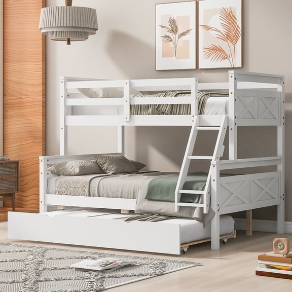 Twin over Full Bunk Bed with Ladder, Twin Size Trundle, Safety Guardrail, White