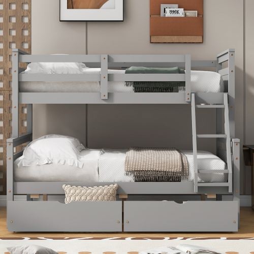 Twin over Full Bunk Bed with Ladder and 2 Storage Drawers - Modern Gray ...