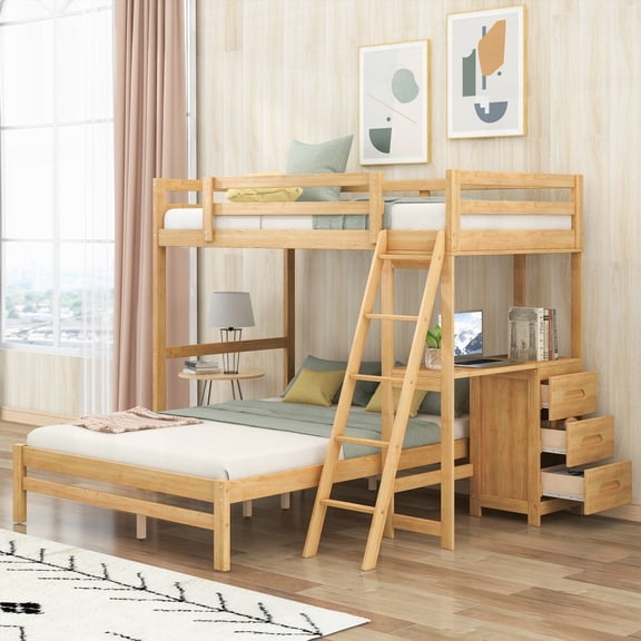 Twin/Full Size Solid Pine Wood Platform Bed with Built-in Desk and Three Drawers, Natural for Bedroom