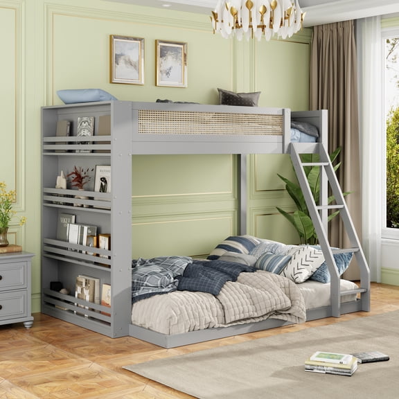 Twin over Full Bunk Bed with Shelf and LED,Gray
