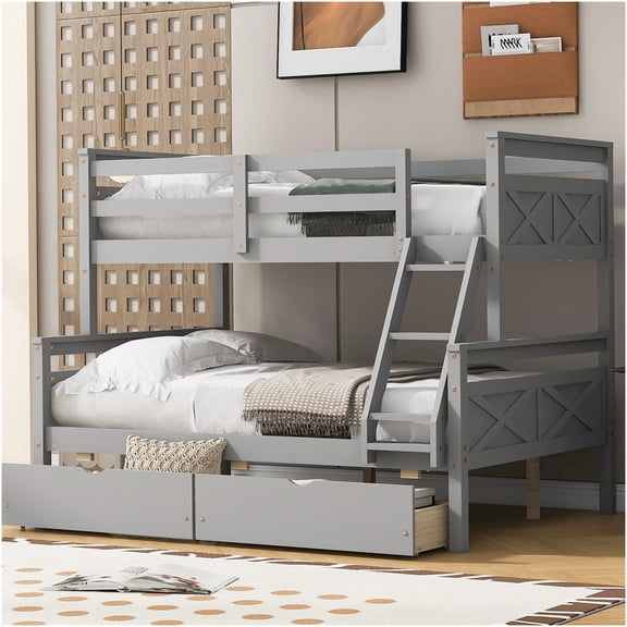Twin over Full Bunk Bed with Storage Drawers, Space-Saving Loft Bed Frame with Guardrail, Gray Finish