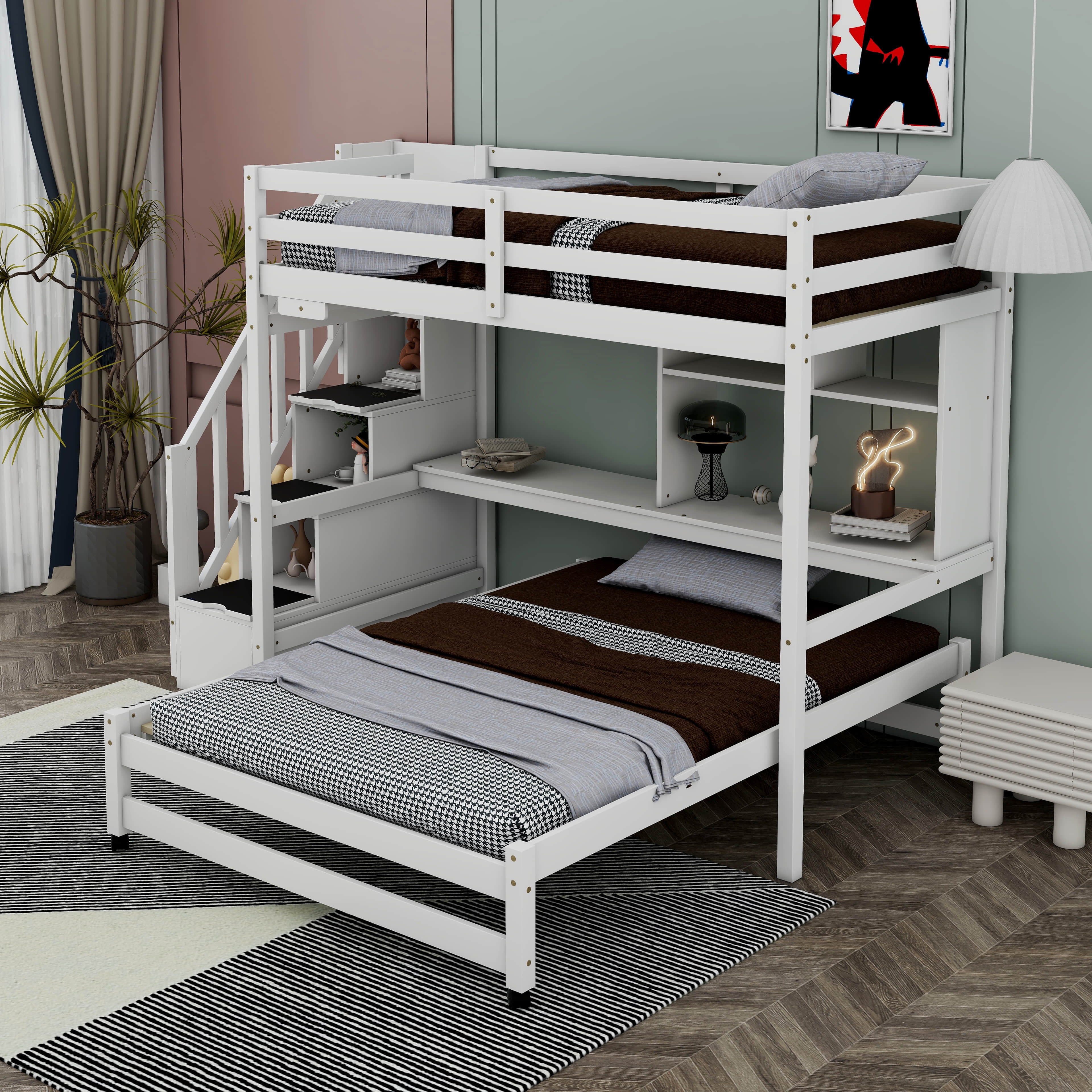 Twin over Full Bunk Bed with Storage Staircase, Desk, Shelves and Hanger for Clothes