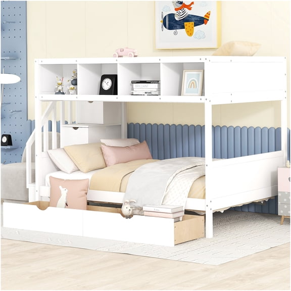 Twin over Full Bunk Bed with Storage Stairs, Shelves & Drawers, Space Saving Design, Solid Wood Frame, White Finish