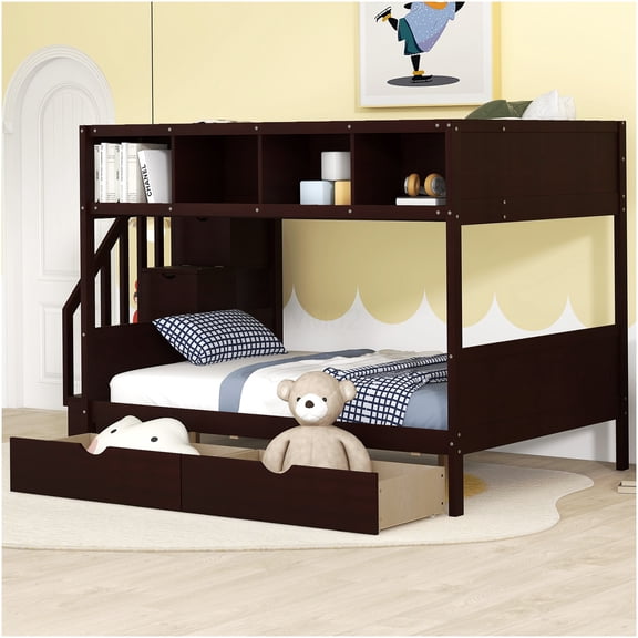 Twin over Full Bunk Bed with Storage Stairs and Shelves, 2 Drawers, Space Saving Bunkbed with Staircase