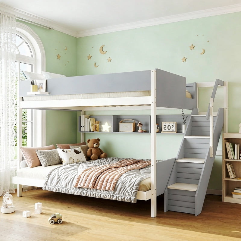 Twin over Full Bunk Bed with Striped-Design Staircase, Kids Teens Wooden Storage Bed Frame with Side Shelves