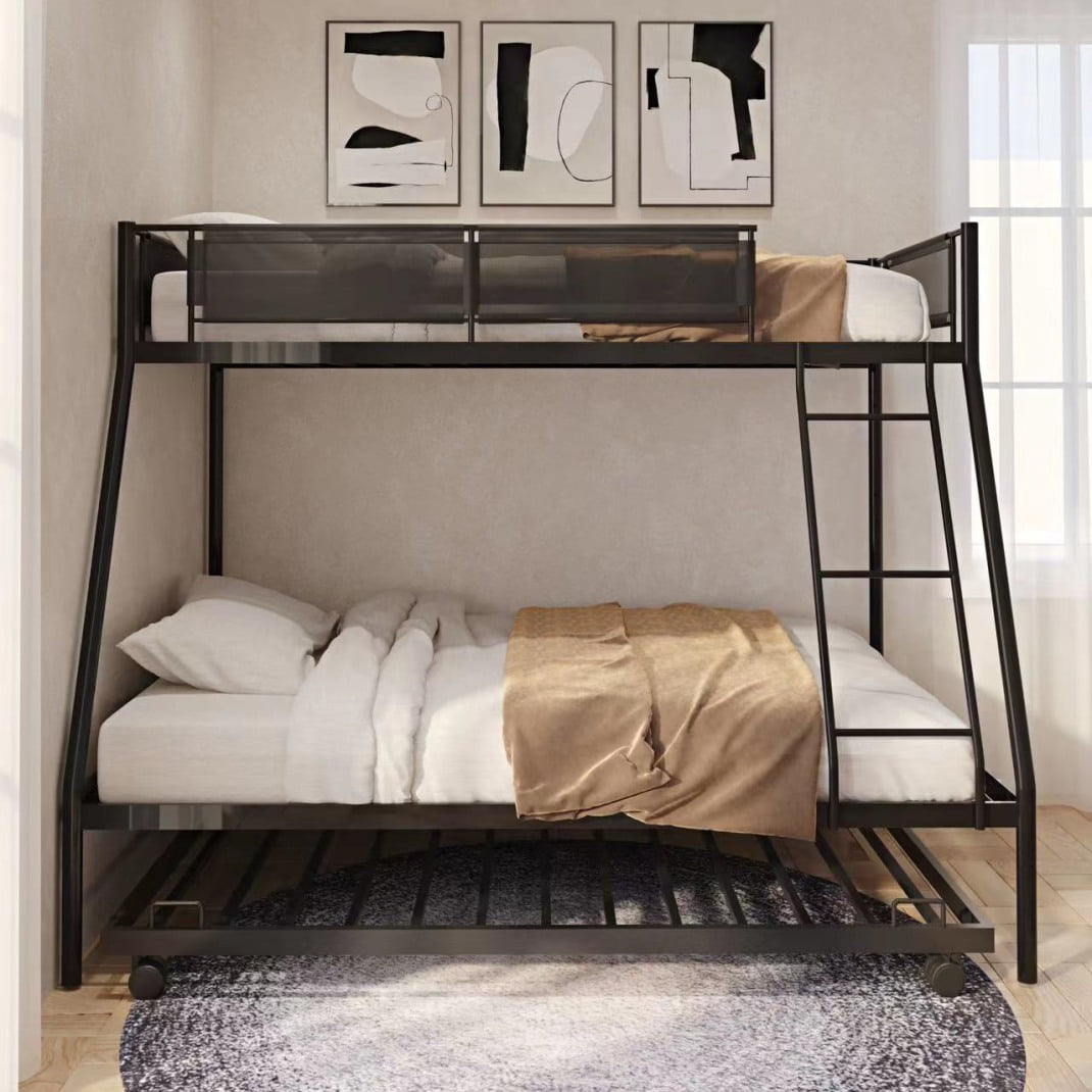 Twin over Full Bunk Bed with Trundle, Metal Bunk Bed Frame with Ladder