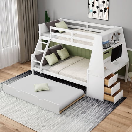 Twin over Full Bunk Bed with Trundle and Built-in Desk, Three Storage Drawers and Shelf,White