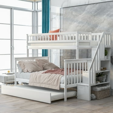 Twin over Full Bunk Bed with Trundle and Staircase Bedroom Furniture(White,Twin over Full)