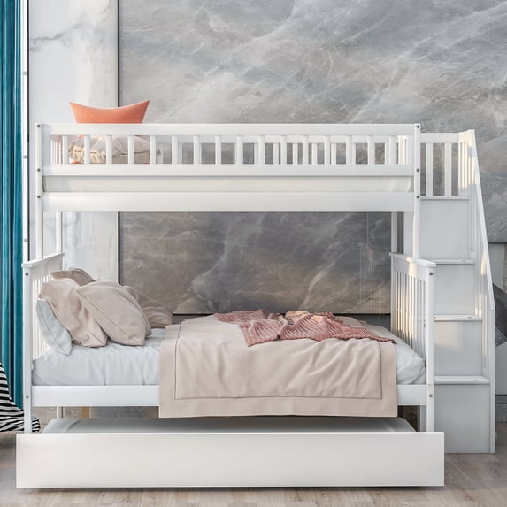 Twin over Full Bunk Bed with Trundle and Staircase Bedroom Furniture