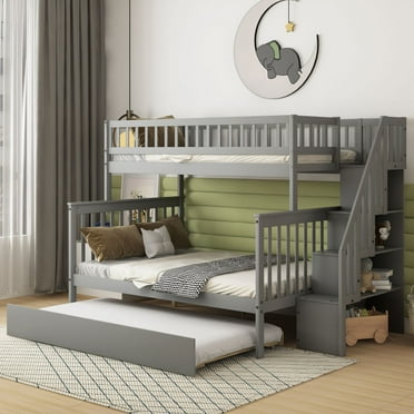 Twin over Full Bunk Bed with Trundle and Staircase,Gray