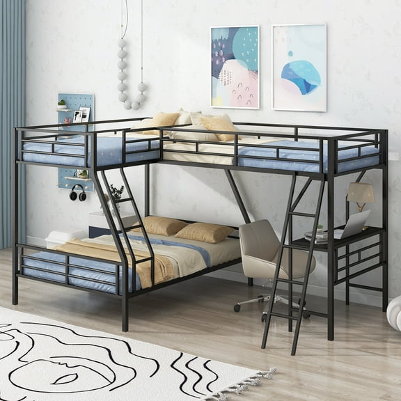 Twin over Full Bunk Bed with a Twin Size Loft Bed attached, with a Desk, Metal, Black