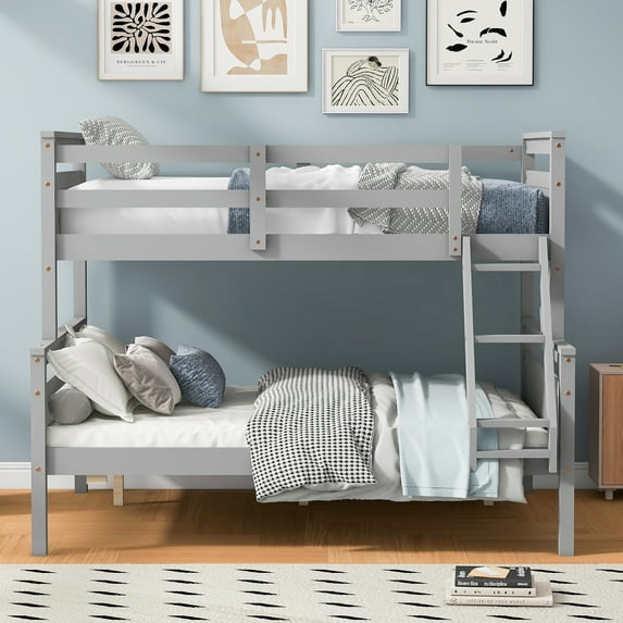 Twin over Full Bunk Bed with ladder, Safety Guardrail, Perfect for Bedroom, Gray