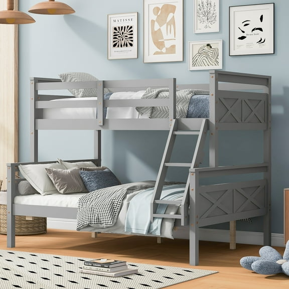 Twin over Full Bunk Bed with ladder, Safety Guardrail, Perfect for Bedroom, Gray
