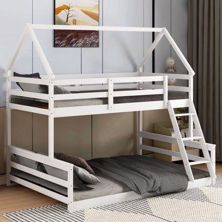 Twin over Full House Bunk Bed with Built-in Ladder,White