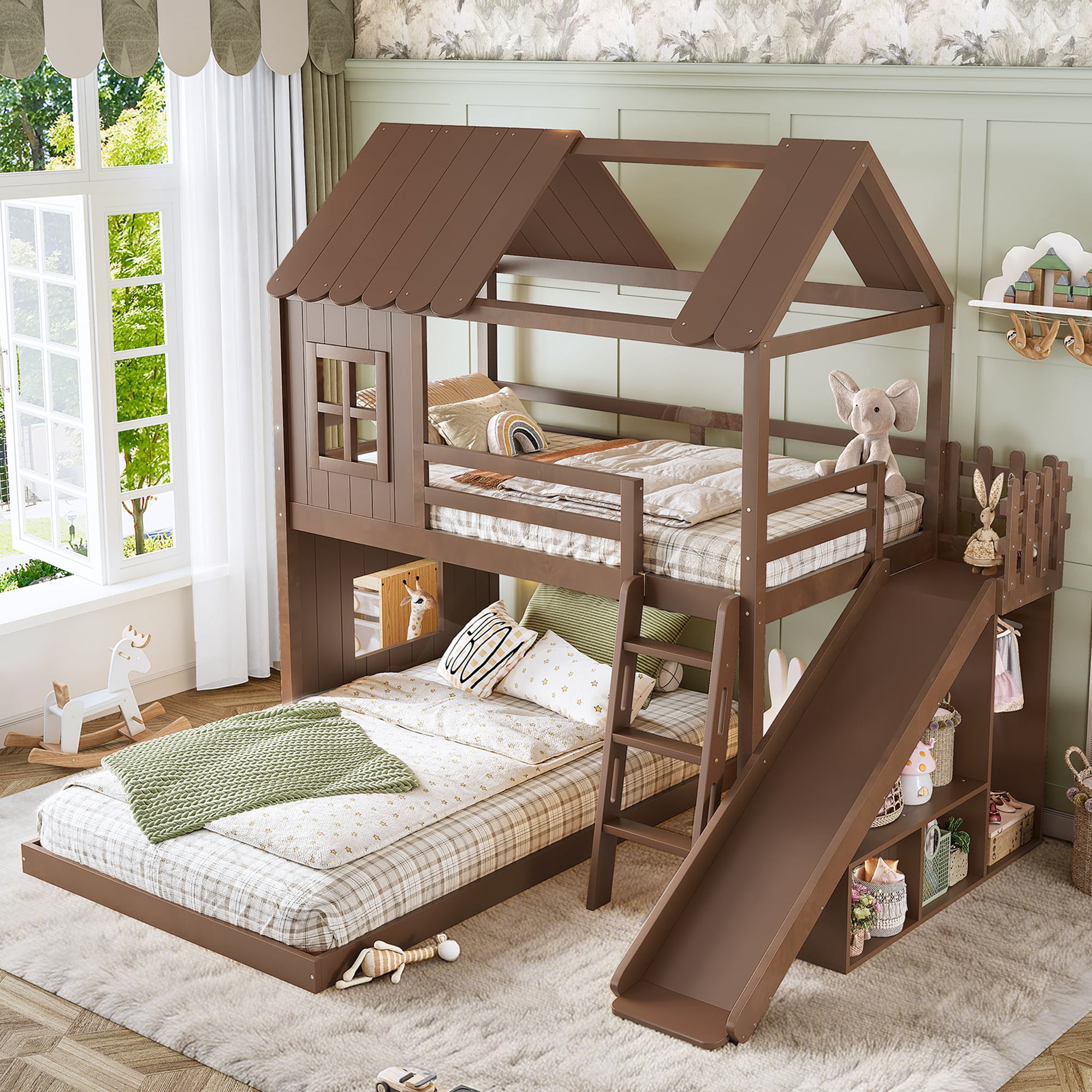 Twin over Full House Bunk Bed with Slide & Ladder, Wood Playhouse Bunk Bed with Storage Shelves & Wardrobe, Floor Bunk Bed for All Ages, Deep Natural