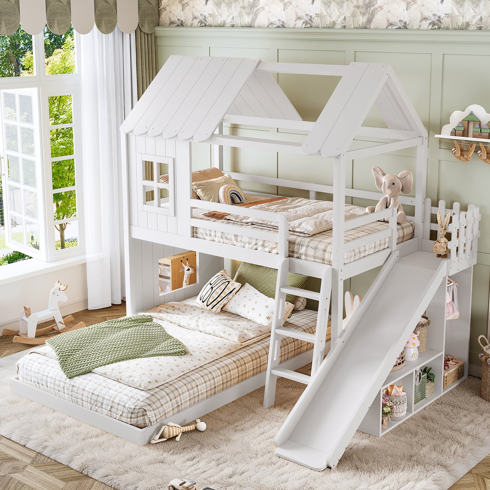 Twin over Full House Bunk Bed with Slide & Ladder, Wood Playhouse Bunk Bed with Storage Shelves & Wardrobe, Floor Bunk Bed for All Ages, White