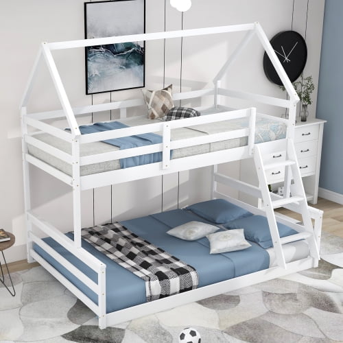 Twin over Full House Floor Bunk Bed with Ladder, Low Bunkbed Fram w