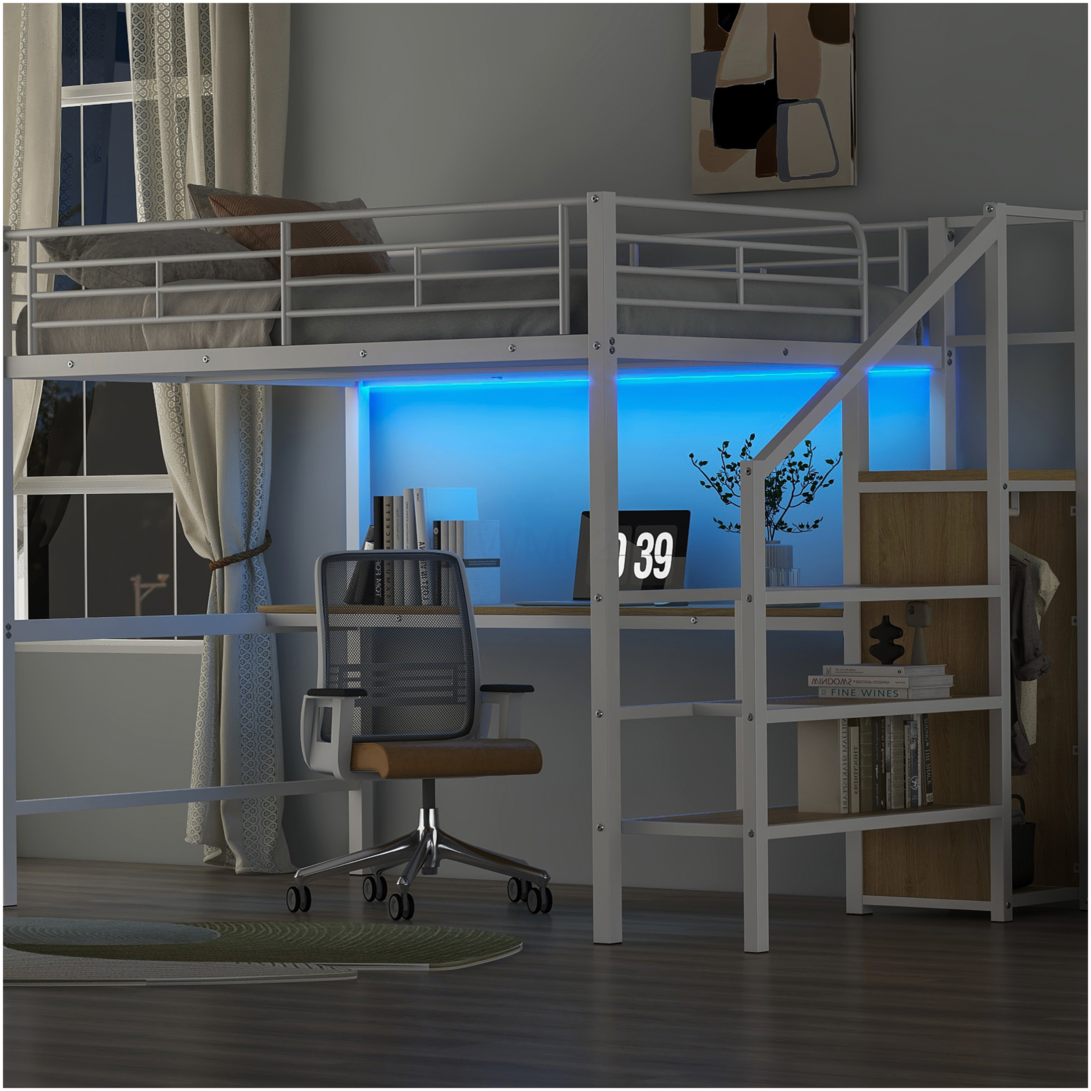 Twin over Full Loft Bed with Staircase, Gray Metal Frame with Storage ...