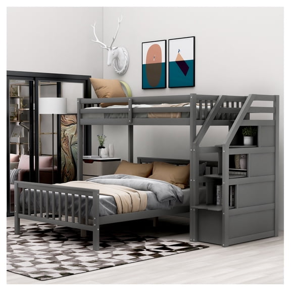 Twin-over-Full Loft Bed with Staircase, Gray