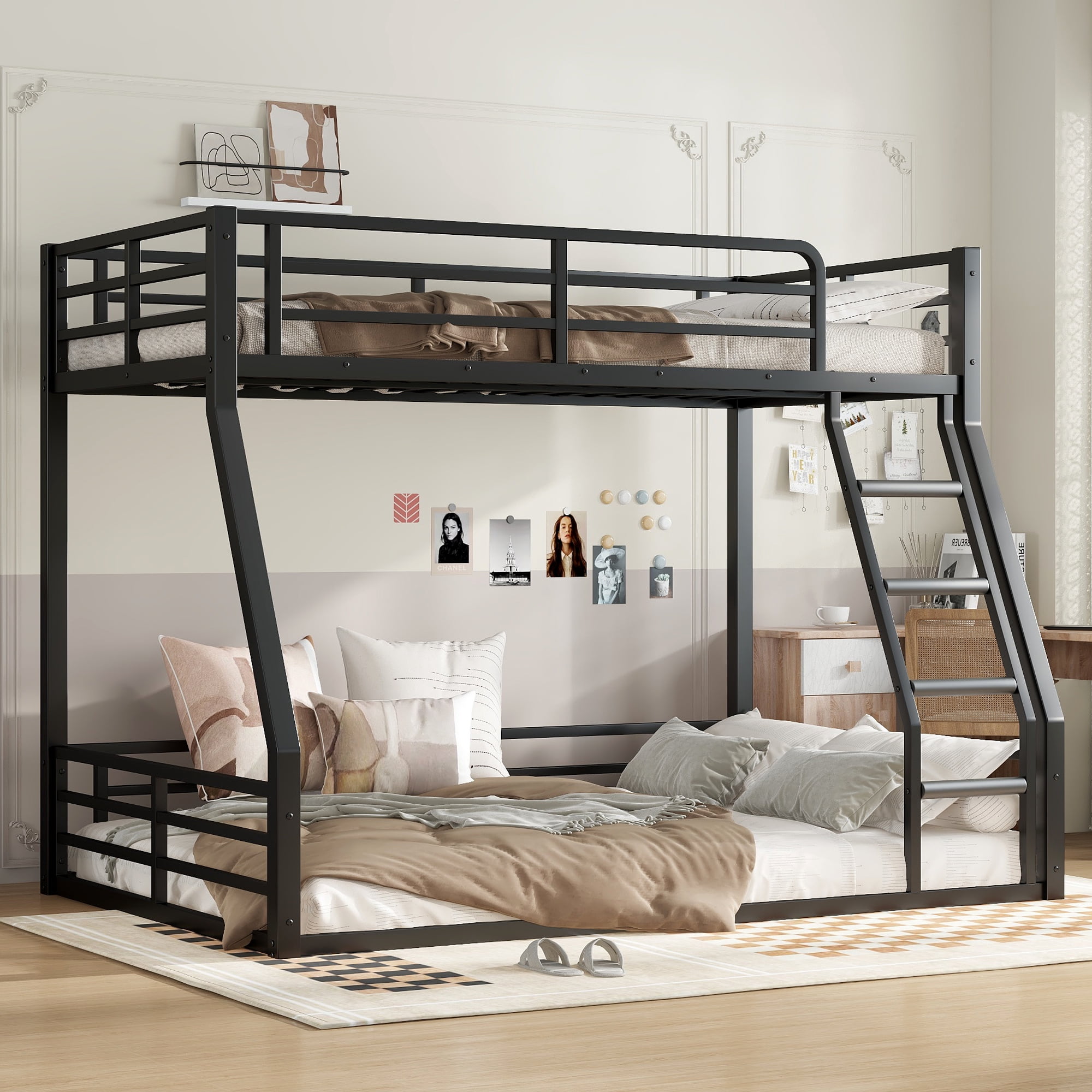 Twin over Full Metal Bunk Bed,Floor Bunk Bed with Sturdy Metal Frame,Noise-reduced Design, Black
