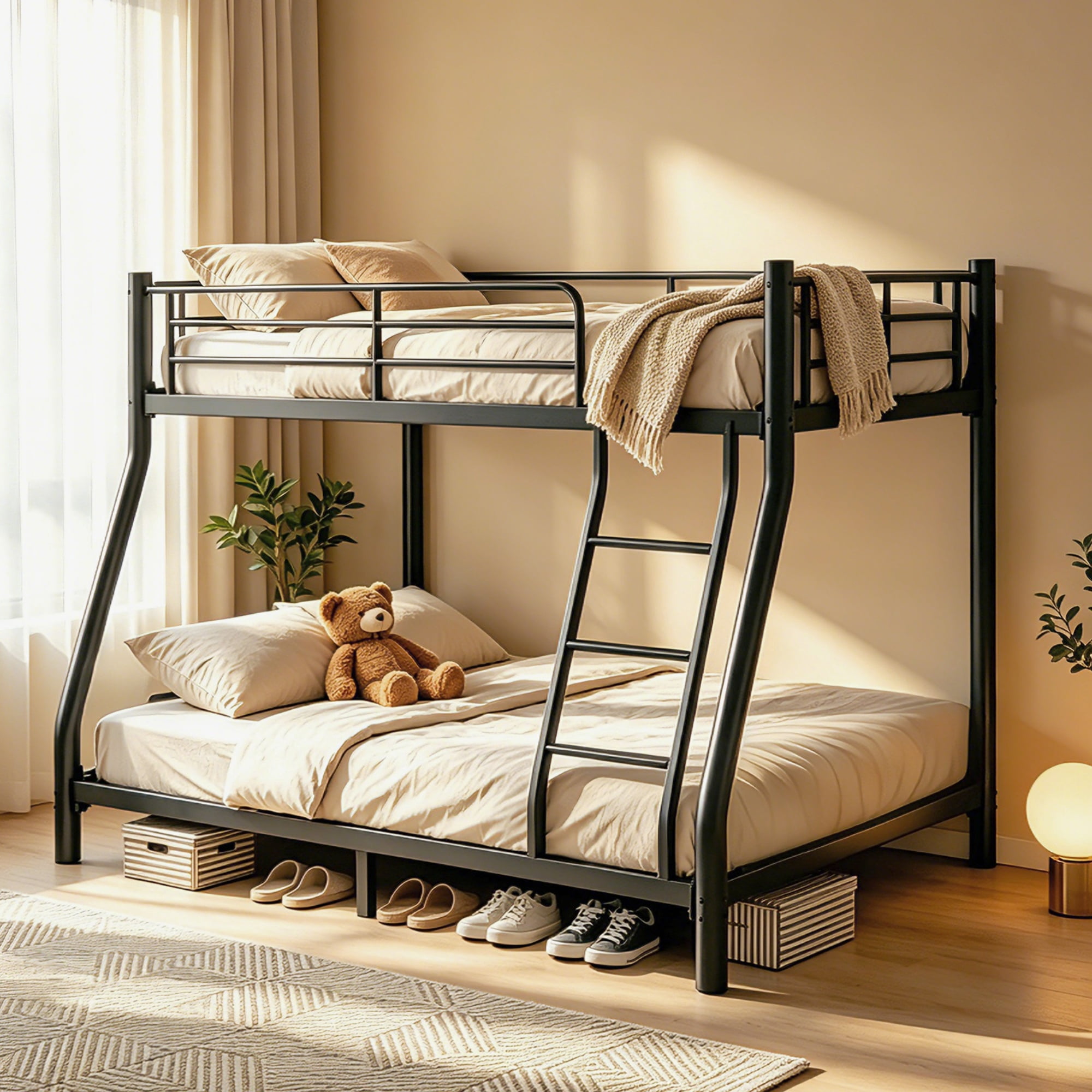 Twin over Full Metal Bunk Bed with Guardrail & Ladder for All Ages, 500LBS Capacity, Black Finish, No Box Spring Needed