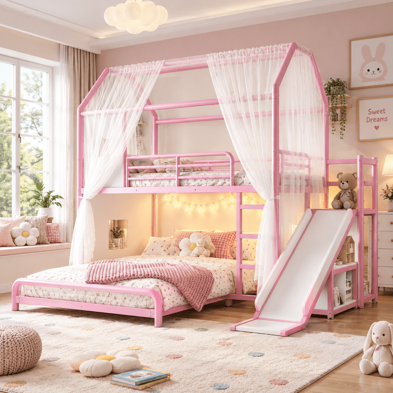 Twin over Full Metal Bunk Bed with Slide, Ladder, LED Light Strip, Privacy Curtain, Movable Storage Cabinet & Hanging Rod, House Shaped Kids Bunk Bed