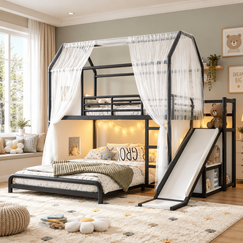 Twin over Full Metal Bunk Bed with Slide, Ladder, LED Light Strip, Privacy Curtain, Movable Storage Cabinet & Hanging Rod, House Shaped Kids Bunk Bed