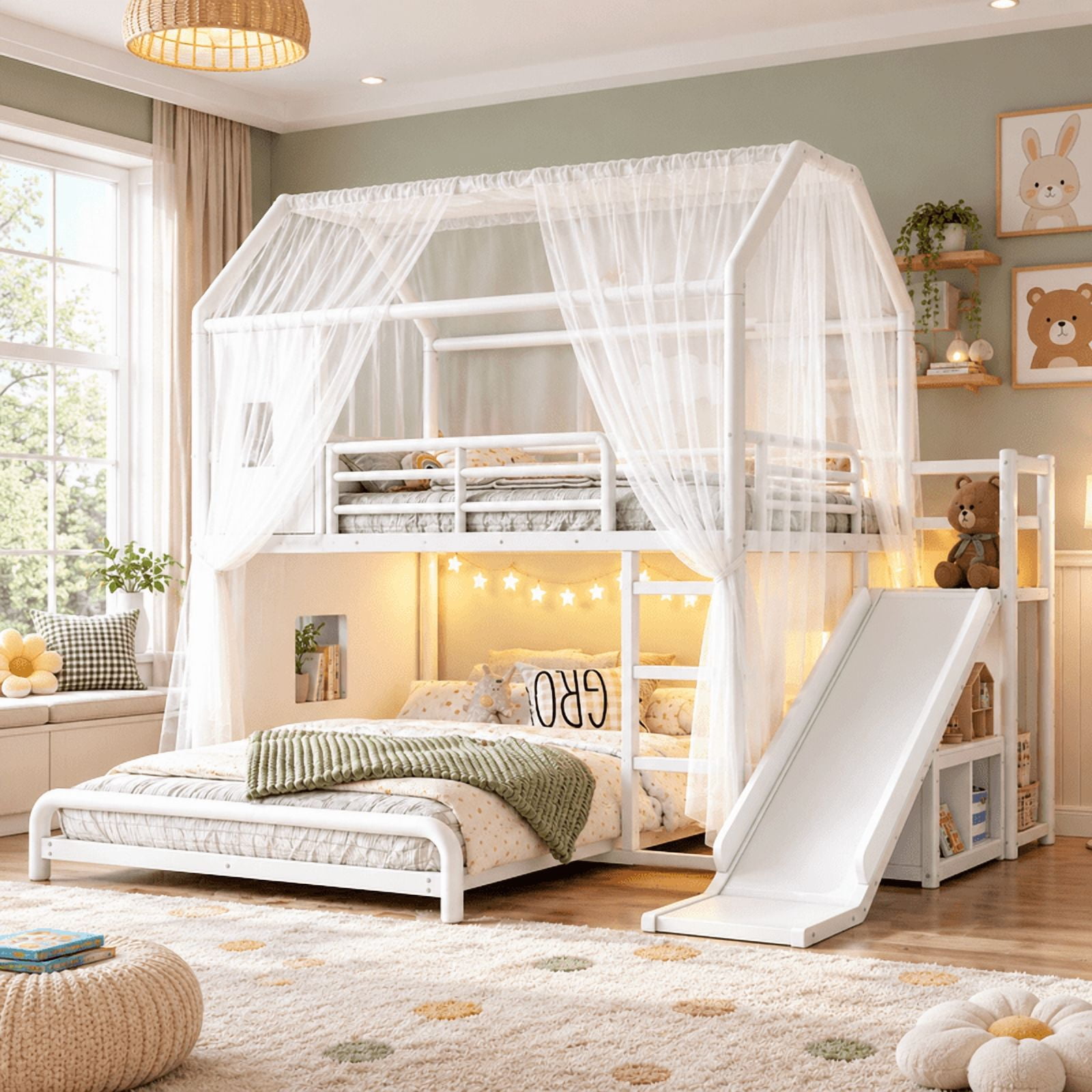 Twin over Full Metal Bunk Bed with Slide, Ladder, LED Light Strip, Privacy Curtain, Movable Storage Cabinet & Hanging Rod, House Shaped Kids Bunk Bed