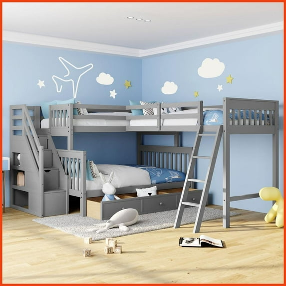 Twin over Full Pinewood L-Shaped Bunk Bed with 3 Drawers & Staircase Storage - Gray, No Box Spring Needed