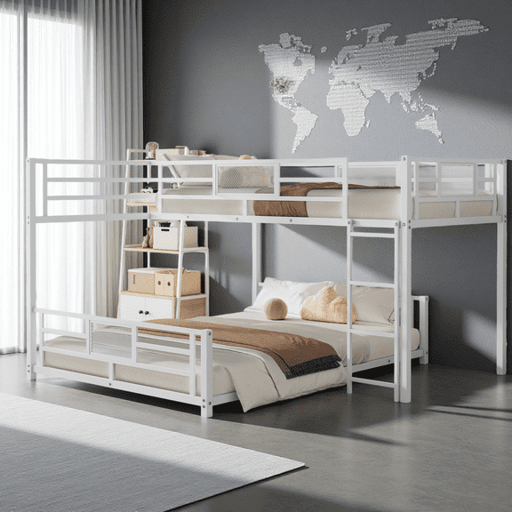 Twin over Full Size Bunk Bed, L-Shaped Metal Frame with Safety Guardrails, Space-Saving Design for Bedroom, No Box Spring Needed, White