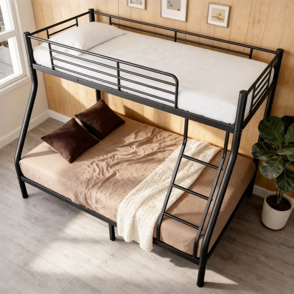 Metal Bunk Bed, Twin Over Full Size for All Ages, Heavy Duty Steel Frame, Space-Saving Design, Black