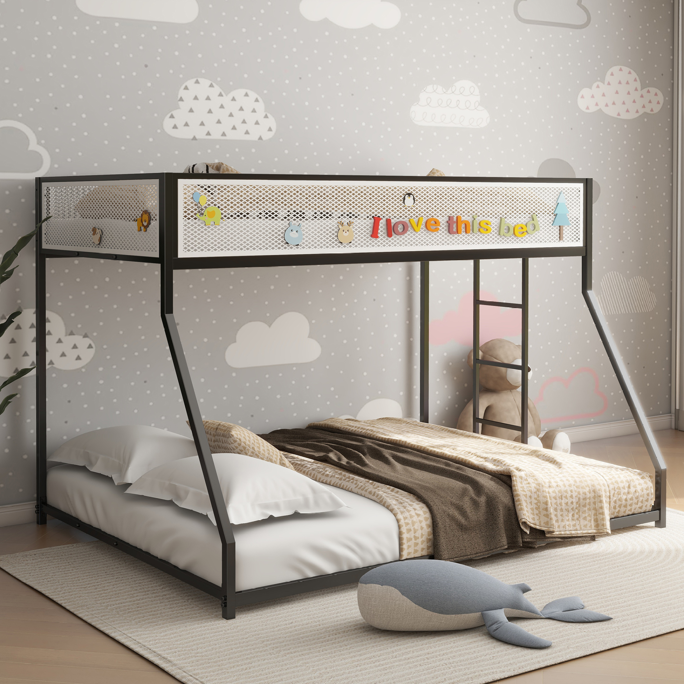 Twin over Full Size Metal Frame Bunk Bed with Ladder, Black