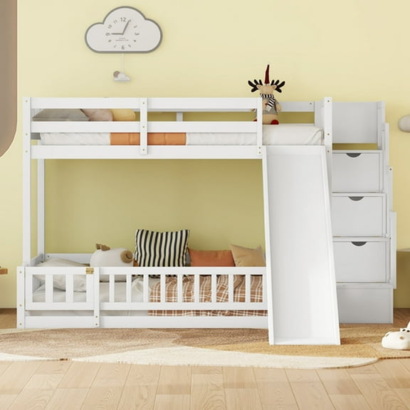 Twin over Full Solid and Stable Bunk Bed with Slide, Storage Staircase, Pine Solid Wooden Bunk Bed with Safety Guardrails (White)