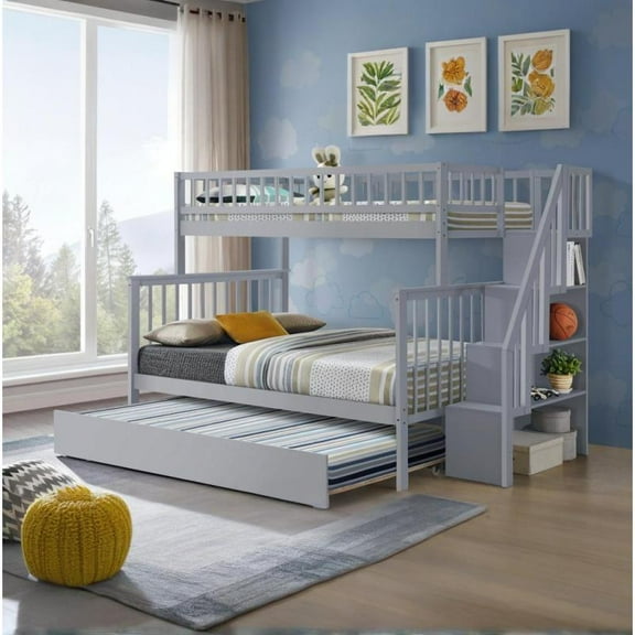 [Luckynote]Twin over Full Stairway Bunk Bed with Trundle,Gray