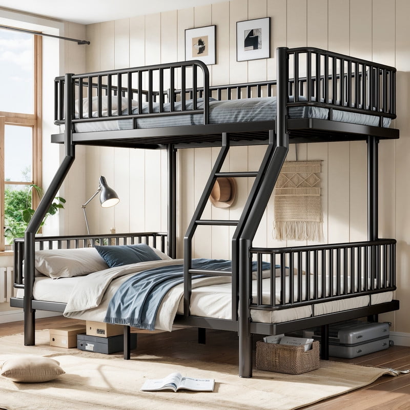 Twin-over-Full Teens Bunk Bed Can Transformed into 2 Platform Beds, Metal Kids Bed Frame with Round-Pipe, Ladder & Guardrails