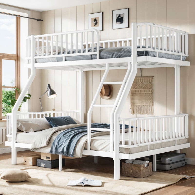 Twin-over-Full Teens Bunk Bed Can Transformed into 2 Platform Beds, Metal Kids Bed Frame with Round-Pipe, Ladder & Guardrails