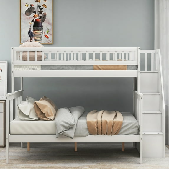Twin over Full Wood Bunk Bed w/Storage Stairway, White 20296