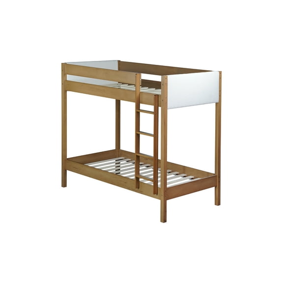 Twin over Twin Bunk Bed, Boucle Upholstered Headboard & Footboard, Ladder & Guardrails, Natural Wood