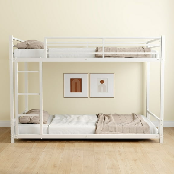 Twin over Twin Bunk Bed,Heavy-duty Metal Bunk Bed with Ladders & Guardrail,Noise Reduced/ Safety Guardrail/No Box Spring Needed,White